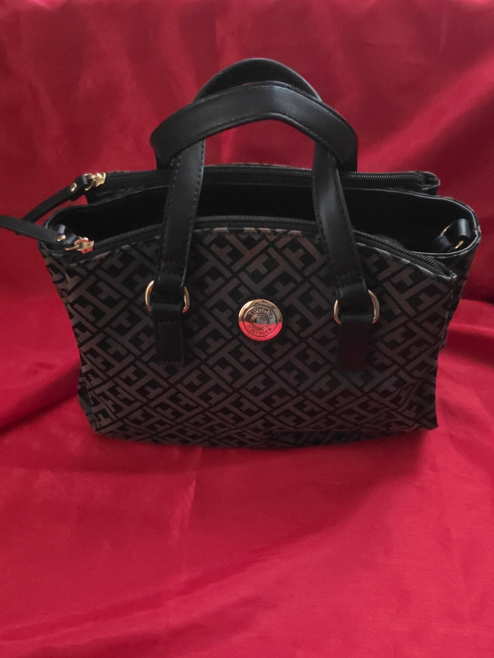 Tommy Hilfiger Black and Gray Monogram Satchel with Gold Accent